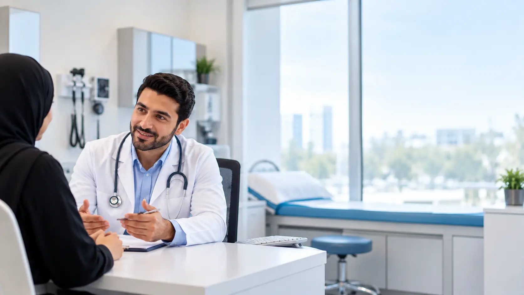 A GP doctor seeing a patient at Four Star Medical Center, Ajman